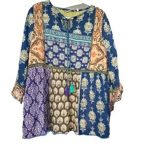 Soft Surroundings Tassel Boho Blouse Top Large Multi Color Mix Print Patchwork